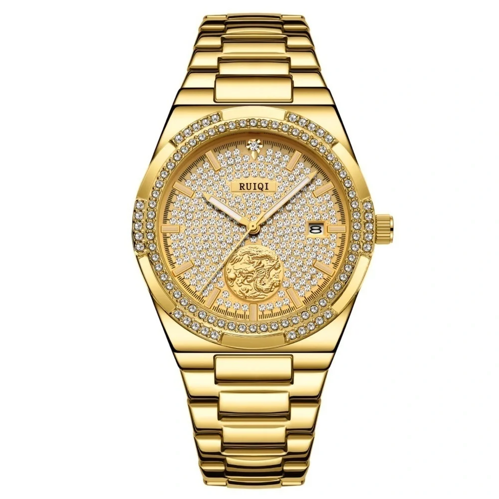 RUIQI Unisex Elegant Mechanical Watch - Full Golden Dial, Luminous Hands, NEW